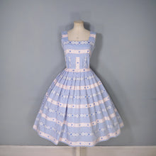 Load image into Gallery viewer, 50s PASTEL BLUE AND PINK RIBBON BROCADE &quot;ANTOINETTE&quot; COTTON DRESS - XS
