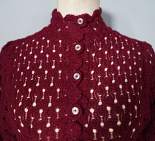 Load image into Gallery viewer, 70s DARK PLUMMY WINE COLOUREFD LACE KNIT EMPIRE MAXI DRESS - L