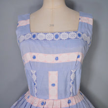 Load image into Gallery viewer, 50s PASTEL BLUE AND PINK RIBBON BROCADE &quot;ANTOINETTE&quot; COTTON DRESS - XS