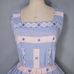50s PASTEL BLUE AND PINK RIBBON BROCADE "ANTOINETTE" COTTON DRESS - XS