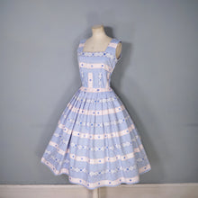 Load image into Gallery viewer, 50s PASTEL BLUE AND PINK RIBBON BROCADE &quot;ANTOINETTE&quot; COTTON DRESS - XS