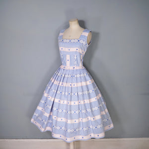 50s PASTEL BLUE AND PINK RIBBON BROCADE "ANTOINETTE" COTTON DRESS - XS
