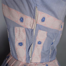 Load image into Gallery viewer, 50s PASTEL BLUE AND PINK RIBBON BROCADE &quot;ANTOINETTE&quot; COTTON DRESS - XS