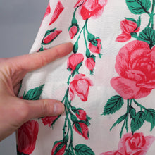 Load image into Gallery viewer, 50s PINK ROSE FLORAL PRINT FIT AND FLARE RAYON DRESS - L