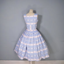 Load image into Gallery viewer, 50s PASTEL BLUE AND PINK RIBBON BROCADE &quot;ANTOINETTE&quot; COTTON DRESS - XS