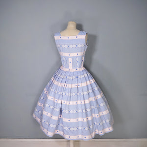 50s PASTEL BLUE AND PINK RIBBON BROCADE "ANTOINETTE" COTTON DRESS - XS