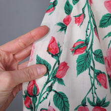 Load image into Gallery viewer, 50s PINK ROSE FLORAL PRINT FIT AND FLARE RAYON DRESS - L