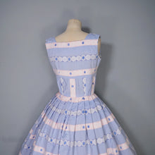 Load image into Gallery viewer, 50s PASTEL BLUE AND PINK RIBBON BROCADE &quot;ANTOINETTE&quot; COTTON DRESS - XS