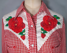 Load image into Gallery viewer, RED WESTERN GINGHAM EMBROIDERED ROSE COWBOY SHIRT - S