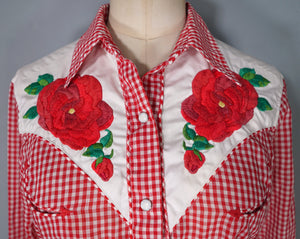 RED WESTERN GINGHAM EMBROIDERED ROSE COWBOY SHIRT - S