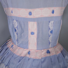 Load image into Gallery viewer, 50s PASTEL BLUE AND PINK RIBBON BROCADE &quot;ANTOINETTE&quot; COTTON DRESS - XS