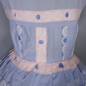 50s PASTEL BLUE AND PINK RIBBON BROCADE "ANTOINETTE" COTTON DRESS - XS