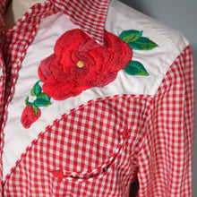 Load image into Gallery viewer, RED WESTERN GINGHAM EMBROIDERED ROSE COWBOY SHIRT - S