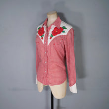 Load image into Gallery viewer, RED WESTERN GINGHAM EMBROIDERED ROSE COWBOY SHIRT - S