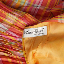 Load image into Gallery viewer, 70s BRIGHT ORANGE AND PINK CHECKED PLEATED MAXI DRESS WITH CUT OUT BACK - S