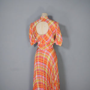 70s BRIGHT ORANGE AND PINK CHECKED PLEATED MAXI DRESS WITH CUT OUT BACK - S