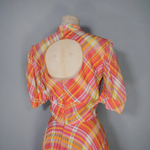 Load image into Gallery viewer, 70s BRIGHT ORANGE AND PINK CHECKED PLEATED MAXI DRESS WITH CUT OUT BACK - S
