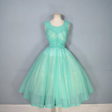 Load image into Gallery viewer, 50s SHEER FAIRY GREEN NYLON FULL CIRCLE SKIRT RUCHED DRESS - S