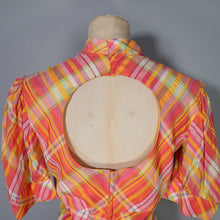 Load image into Gallery viewer, 70s BRIGHT ORANGE AND PINK CHECKED PLEATED MAXI DRESS WITH CUT OUT BACK - S