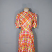 Load image into Gallery viewer, 70s BRIGHT ORANGE AND PINK CHECKED PLEATED MAXI DRESS WITH CUT OUT BACK - S