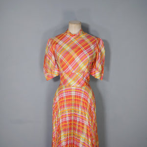70s BRIGHT ORANGE AND PINK CHECKED PLEATED MAXI DRESS WITH CUT OUT BACK - S