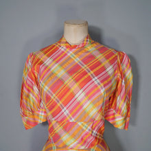 Load image into Gallery viewer, 70s BRIGHT ORANGE AND PINK CHECKED PLEATED MAXI DRESS WITH CUT OUT BACK - S