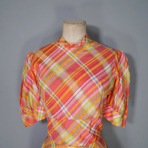 70s BRIGHT ORANGE AND PINK CHECKED PLEATED MAXI DRESS WITH CUT OUT BACK - S