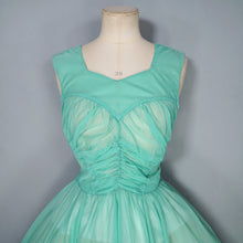 Load image into Gallery viewer, 50s SHEER FAIRY GREEN NYLON FULL CIRCLE SKIRT RUCHED DRESS - S