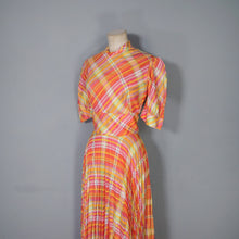 Load image into Gallery viewer, 70s BRIGHT ORANGE AND PINK CHECKED PLEATED MAXI DRESS WITH CUT OUT BACK - S