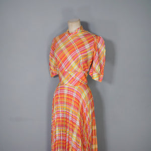 70s BRIGHT ORANGE AND PINK CHECKED PLEATED MAXI DRESS WITH CUT OUT BACK - S