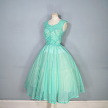 Load image into Gallery viewer, 50s SHEER FAIRY GREEN NYLON FULL CIRCLE SKIRT RUCHED DRESS - S
