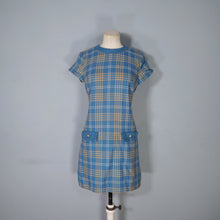 Load image into Gallery viewer, 60s ST MICHAELS BLUE AND BEIGE CHECK WOOL MINI SHIFT MOD DRESS - S