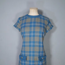 Load image into Gallery viewer, 60s ST MICHAELS BLUE AND BEIGE CHECK WOOL MINI SHIFT MOD DRESS - S