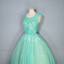 Load image into Gallery viewer, 50s SHEER FAIRY GREEN NYLON FULL CIRCLE SKIRT RUCHED DRESS - S