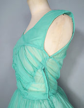 Load image into Gallery viewer, 50s SHEER FAIRY GREEN NYLON FULL CIRCLE SKIRT RUCHED DRESS - S