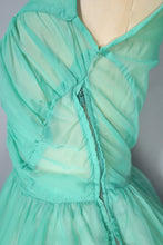 Load image into Gallery viewer, 50s SHEER FAIRY GREEN NYLON FULL CIRCLE SKIRT RUCHED DRESS - S