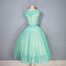 Load image into Gallery viewer, 50s SHEER FAIRY GREEN NYLON FULL CIRCLE SKIRT RUCHED DRESS - S