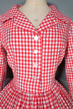 Load image into Gallery viewer, 50s 60s RED AND WHITE GINGHAM CHECK SHIRTWAIST COTTON DAY DRESS - S