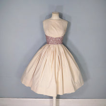 Load image into Gallery viewer, 50s 60s BEIGE FULL SKIRTED BLANES DRESS WITH POLKA DOT SASH WAIST - XS