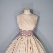Load image into Gallery viewer, 50s 60s BEIGE FULL SKIRTED BLANES DRESS WITH POLKA DOT SASH WAIST - XS