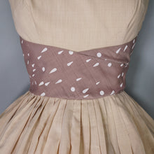 Load image into Gallery viewer, 50s 60s BEIGE FULL SKIRTED BLANES DRESS WITH POLKA DOT SASH WAIST - XS