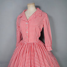 Load image into Gallery viewer, 50s 60s RED AND WHITE GINGHAM CHECK SHIRTWAIST COTTON DAY DRESS - S