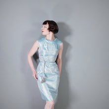 Load image into Gallery viewer, 60s ICE BLUE AND SILVER POLKA DOT METALLIC WIGGLE DRESS - XS