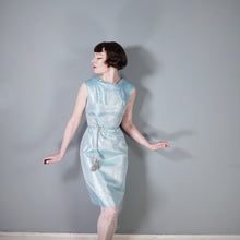 Load image into Gallery viewer, 60s ICE BLUE AND SILVER POLKA DOT METALLIC WIGGLE DRESS - XS