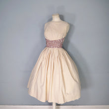 Load image into Gallery viewer, 50s 60s BEIGE FULL SKIRTED BLANES DRESS WITH POLKA DOT SASH WAIST - XS