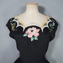 Load image into Gallery viewer, 40s 50s BLACK SILKY RAYON FLORAL EMBROIDERED MADEIRA / SPANISH DRESS - M