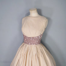 Load image into Gallery viewer, 50s 60s BEIGE FULL SKIRTED BLANES DRESS WITH POLKA DOT SASH WAIST - XS