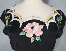 Load image into Gallery viewer, 40s 50s BLACK SILKY RAYON FLORAL EMBROIDERED MADEIRA / SPANISH DRESS - M