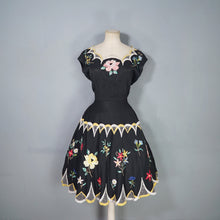 Load image into Gallery viewer, 40s 50s BLACK SILKY RAYON FLORAL EMBROIDERED MADEIRA / SPANISH DRESS - M