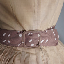 Load image into Gallery viewer, 50s 60s BEIGE FULL SKIRTED BLANES DRESS WITH POLKA DOT SASH WAIST - XS